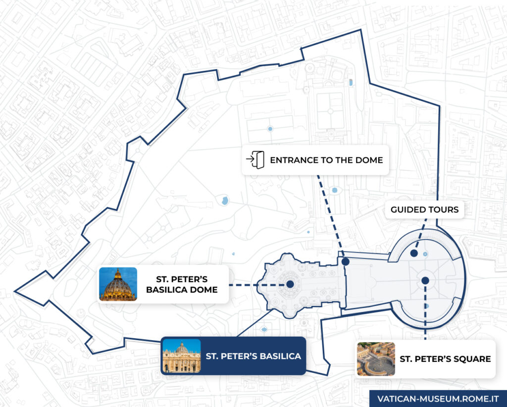 Vatican City map with St. Peter's Basilica highlights.